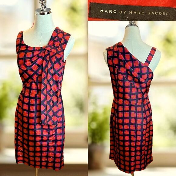 🔥 Marc by Marc Jacobs 100% Silk Sash Red Check Cocktail Dress Size 2 - Picture 1 of 13
